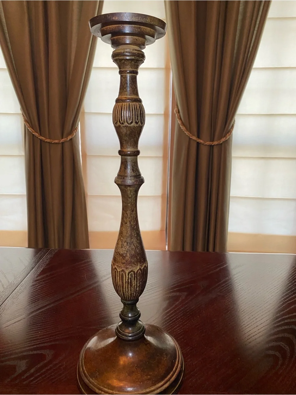 Decorative 20.5 inch painted metal candlestick with lWood-Tone and patina finish